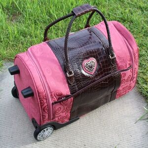 Brighton Cherry Pink & Brown Croc leather Weekend rolling duffle bag / suitcase